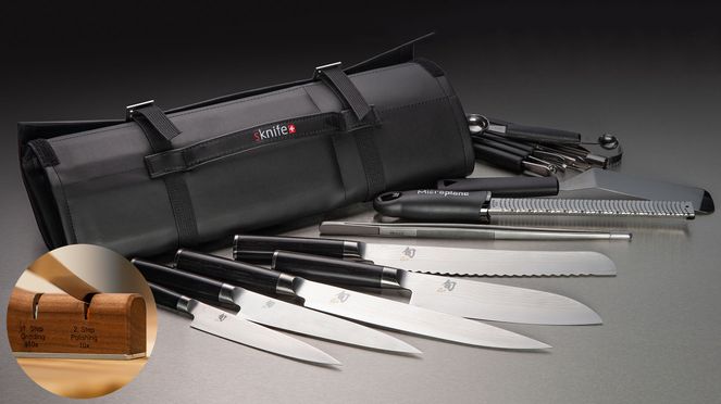
                    Mallette à couteaux Shun avec des couteaux Shun, l'affûteur sknife et des ustensils de cuisine