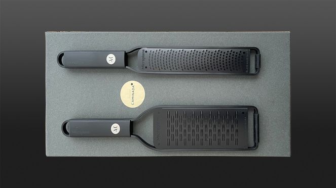 
                    Caminada gift set with Black Sheep zester and ribbon grater from Microplane® with the top chef's logo