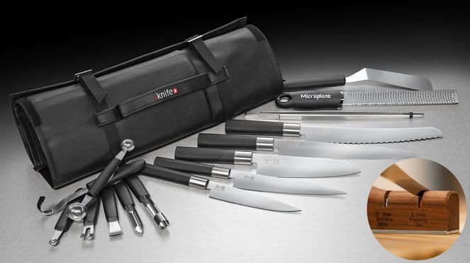 
                    Mallette à couteaux Apprentis avec des couteaux Wasabi, l'affûteur sknife et des accessoires de cuisine